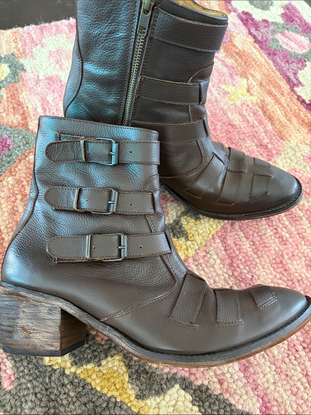 Farylrobin Brown Leather Womens Ankle Boots with Strapped Detail
